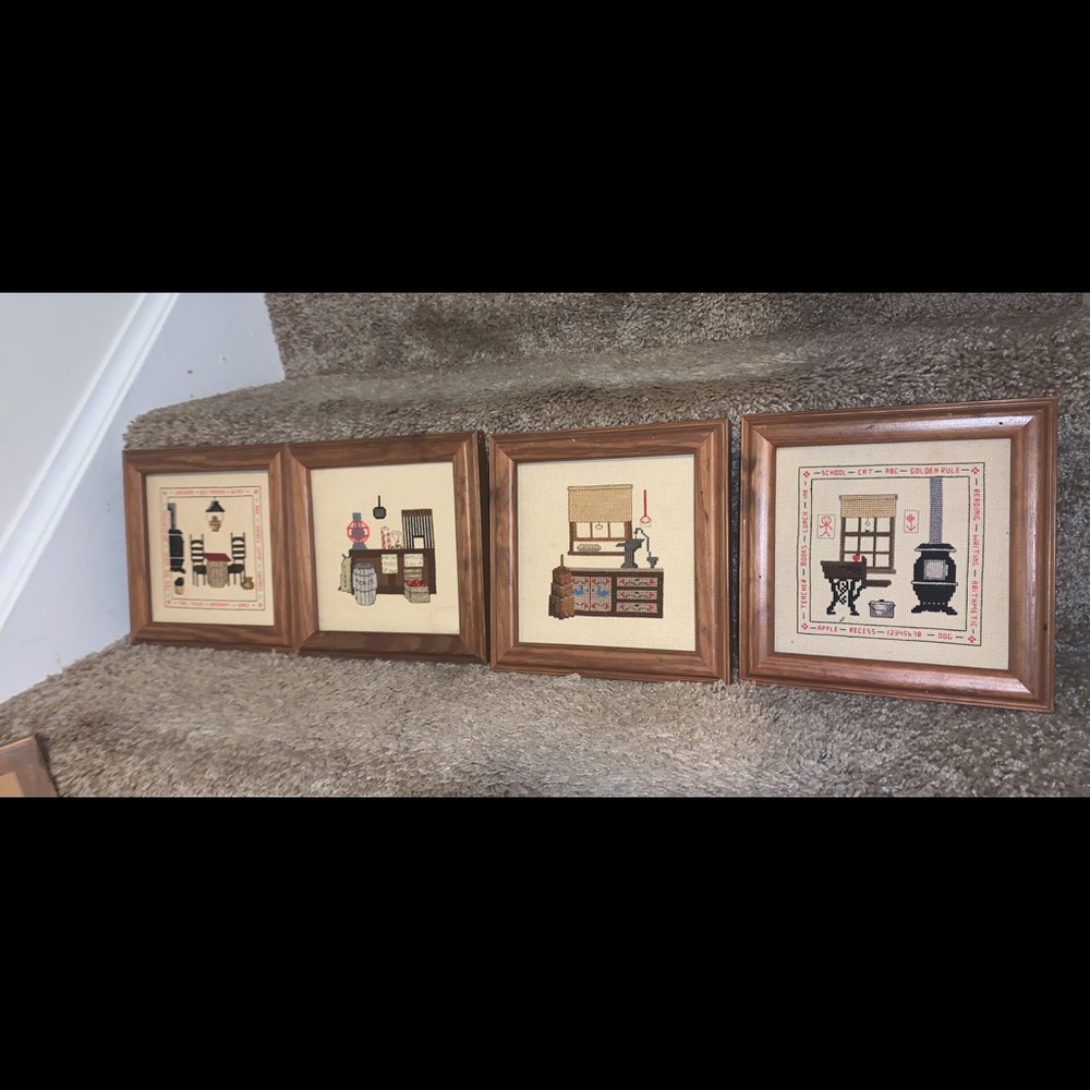 Set of 4 vintage needlepoint embroidery art framed